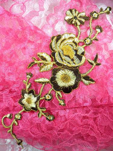 GB158 Brown Gold Metallic Rose Embroidered Applique Iron On Patch 10\