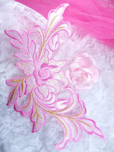 GB159 Floral Rose Pink Gold Metallic Embroidered Flower Applique Iron On Patch 9\