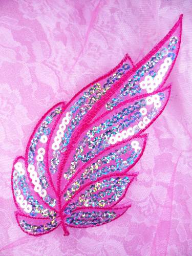 GB163 Fuchsia Embroidered Silver Seqiun Leaf Applique 6.25\
