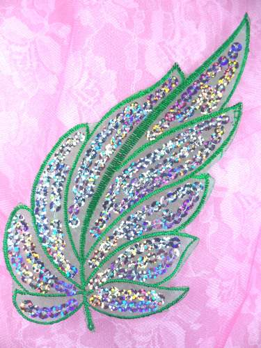 GB163 Green Embroidered Silver Seqiun Leaf Applique 6.25\