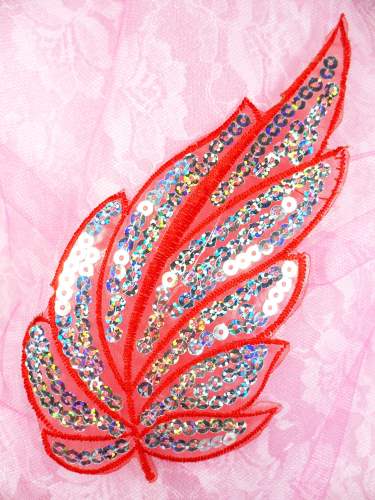 GB163 Red Embroidered Silver Seqiun Leaf Applique 6.25\