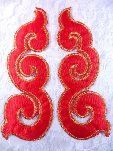 GB165 Embroidered Appliques Mirror Pair Red Gold Metallic Iron On Patch 6\