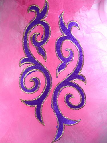 GB166 Embroidered Appliques Mirror Pair Purple Gold Metallic Iron On Patch 9.25\