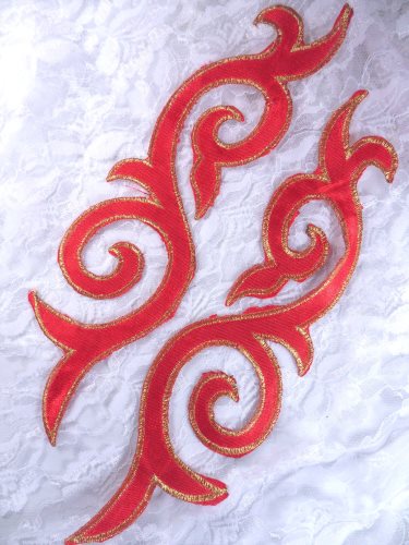 GB166 Embroidered Appliques Mirror Pair Red Gold Metallic Iron On Patch 9.25\