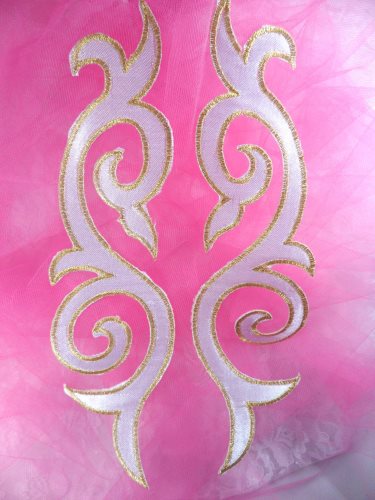 GB166 Embroidered Appliques Mirror Pair White Gold Metallic Iron On Patch 9.25