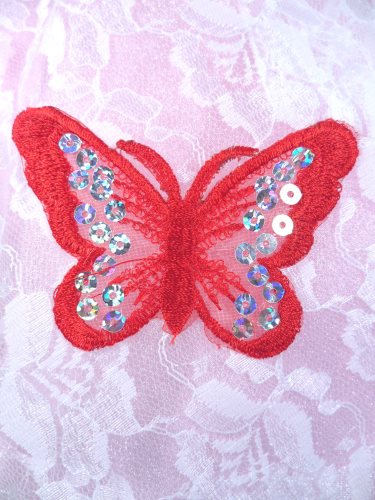 GB167 Red Embroidered Butterfly Silver Holographic Seqiun Applique 3\