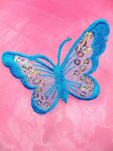 GB167 Turquoise Embroidered Butterfly Silver Holographic Seqiun Applique 3\