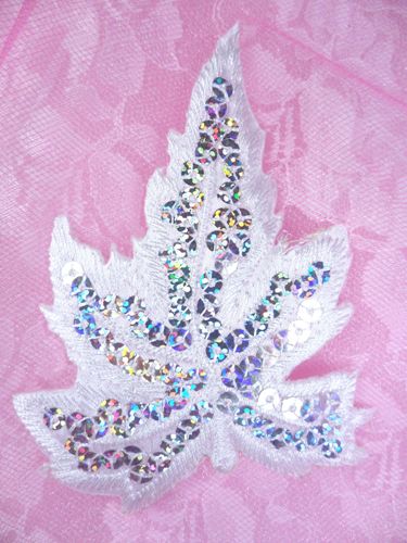 GB174 White Embroidered Silver Holographic Seqiun Leaf Applique 4\