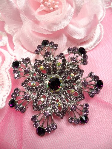 GB202 Plum Lavender Bridal Rhinestone Brooch Pin Vintage Silver Crystal Glass 2.5\