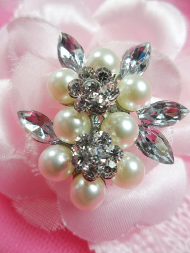 GB214 Pearl Crystal Silver Bridal Rhinestone Brooch Pin 1.25