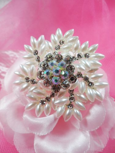 GB215 Pearl Crystal Silver Bridal Rhinestone Brooch Pin Glass 2