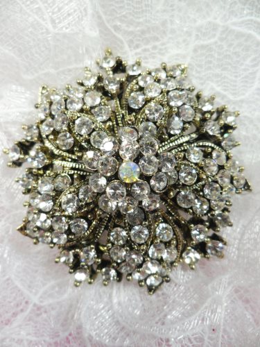 GB244 Bridal Rhinestone Brooch Pin Antique Gold Metal Crystal 2\
