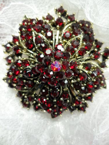 GB244 Bridal Rhinestone Brooch Pin Antique Gold Metal Red Glass 2\