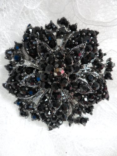 GB244 Black Bridal Rhinestone Brooch Silver Metal  2
