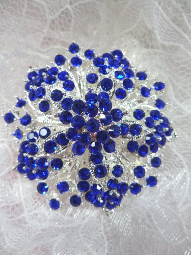 GB244 Bridal Rhinestone Brooch Pin Silver Metal Blue Glass 2\