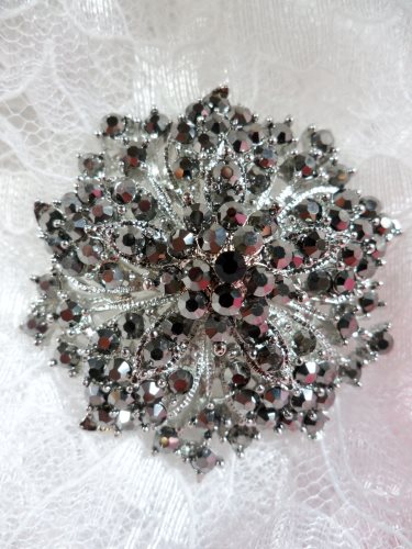 GB244 Bridal Rhinestone Brooch Pin Silver Metal Gunmetal Glass 2\