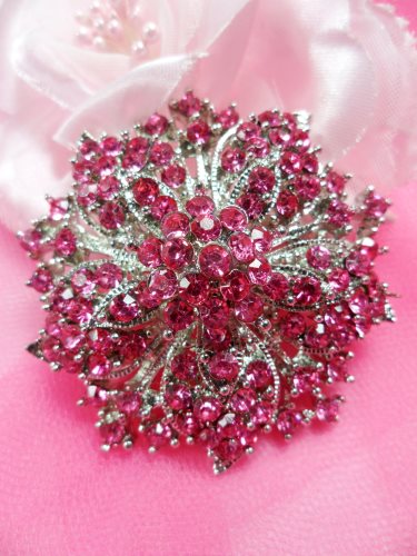 GB244 Bridal Rhinestone Brooch Pin Silver Metal Pink Glass 2\