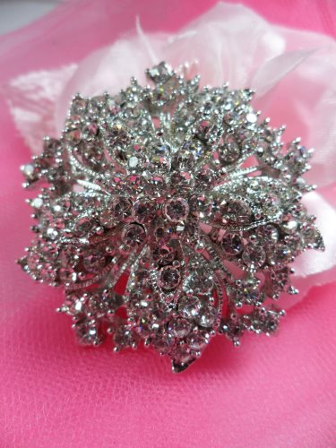 GB244 Bridal Rhinestone Brooch Pin Vintage Silver Crystal Glass 2\