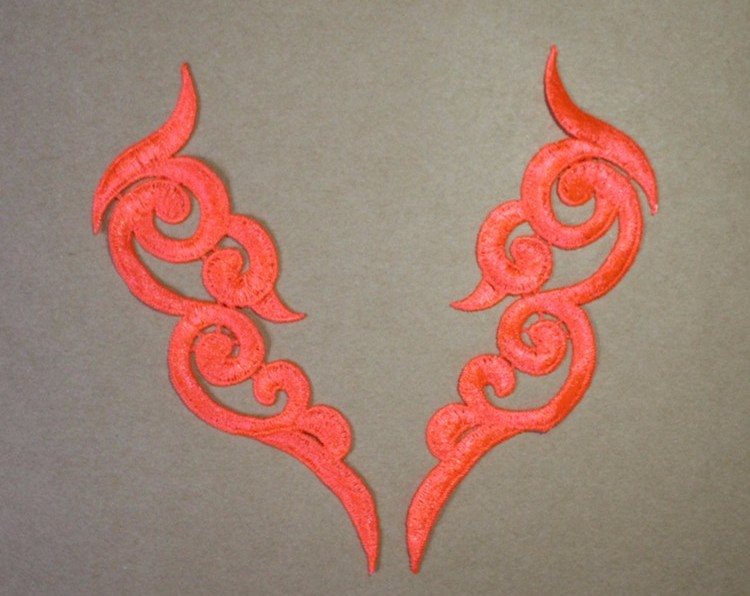 Embroidered Appliques Neon Orange Scroll Design Mirror Pair Motifs Patch 6.75 (GB249X)