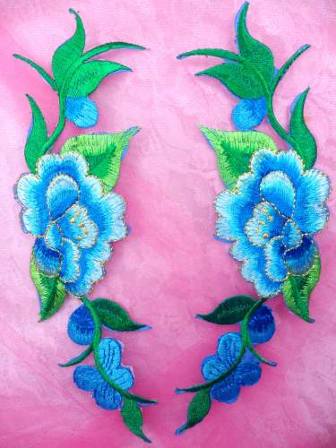 GB295 Turquoise Embroidered Floral Mirror Pair Appliques 8\