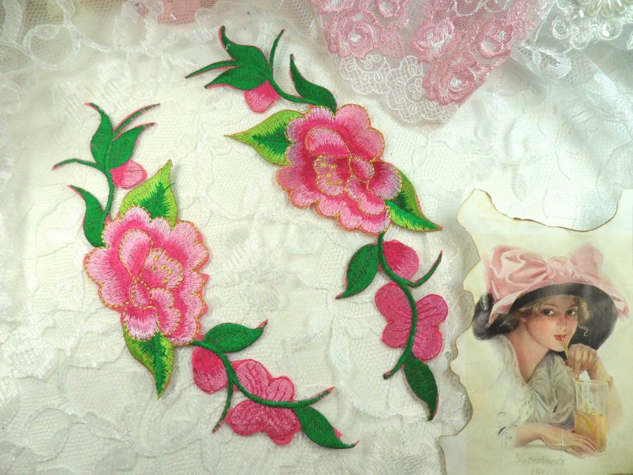Pink Gold Embroidered Rose Floral Mirror Pair Appliques DIY Home Decor 8 (GB295X)