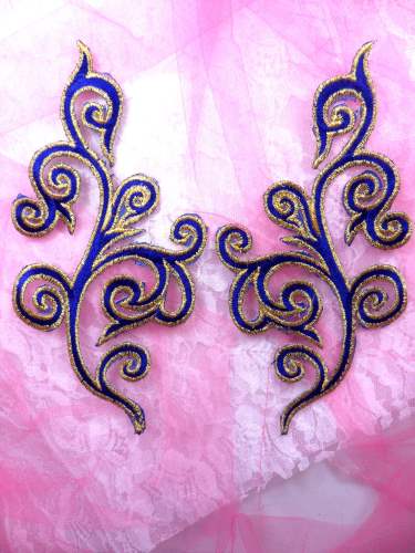 GB304 Embroidered Appliques Mirror Pair Blue Metallic Gold Iron On Patch 7