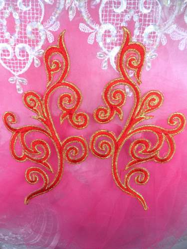 GB304 Embroidered Appliques Mirror Pair Red Metallic Gold Iron On Patch 7