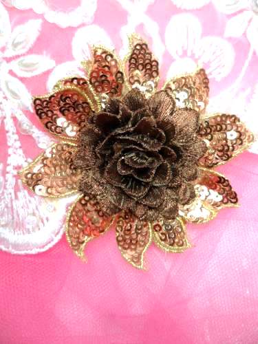 GB333 Embroidered Metallic Brown Bronze Sequin Floral 3D Applique 3