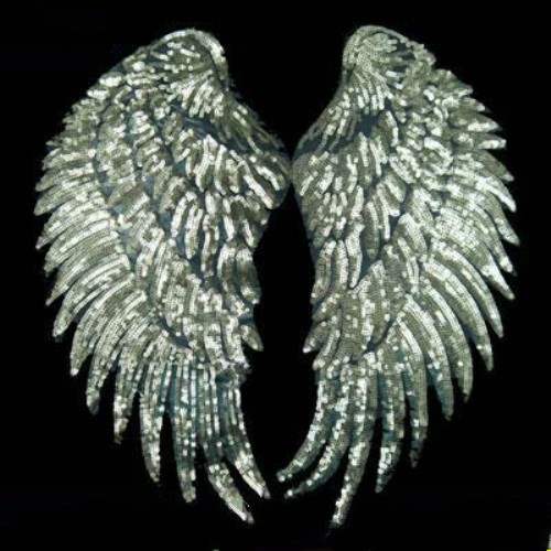 Gold Wings Sequin Appliques Black Backing Mirror Pair Motifs Iron on Patch 13 inches GB339X