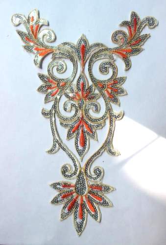 GB345 Silver Orange Gold Bodice Yoke Embroidered Sequin Applique Motif 9.75