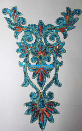 Turquoise Applique Orange Gold Bodice Yoke Embroidered Sequin Dancing Patch Motif 9.75 GB345