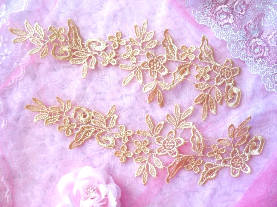 Floral Appliques Embroidered Lace Mirror Pair Gold 9.5 (GB360X)