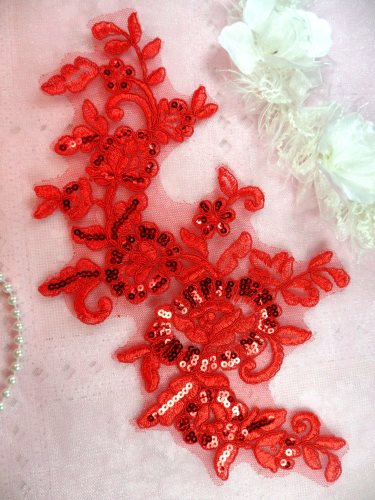 Flower Applique Red Venice Lace Mirror Pair Set Sequin Dance Patch 12 (GB378X)