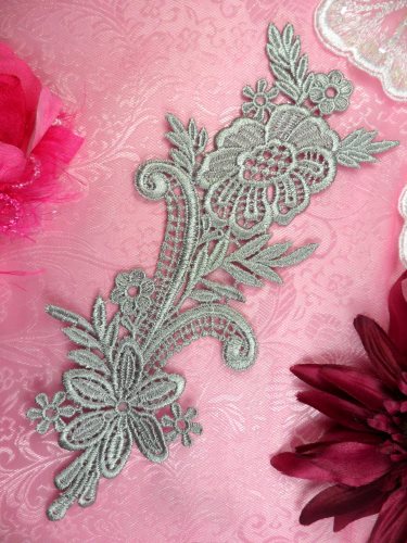 GB384 Floral Applique Grey Silver Embroidered 8.5