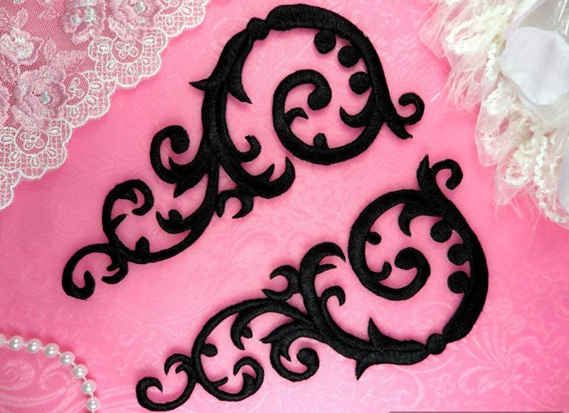 OSGB401  RIGHT SIDE ONLY Embroidered Appliques Black Mirror Pair Designer Scroll Iron On Motifs  6.75