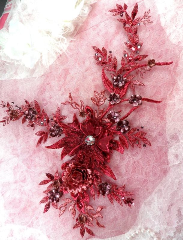 Embroidered Applique Rhinestone Center Wine Floral 3D Sequin Patch 14 (DH70)