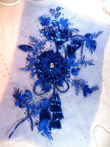 GB418 Embroidered 3D Applique Blue Floral Sequin Patch Rhinestone Center 17.25