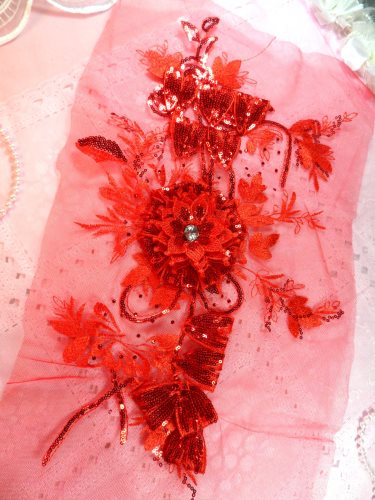 GB418 Embroidered 3D Applique Red Floral Sequin Patch Rhinestone Center 17.25
