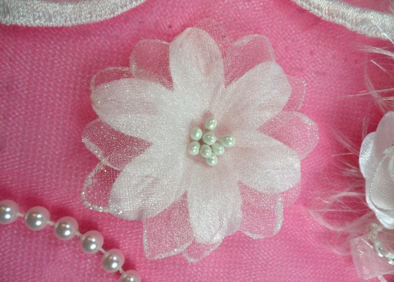 Organza Flower Applique 3D Sheer White Glitter Beaded 2.5 (GB422-wh)