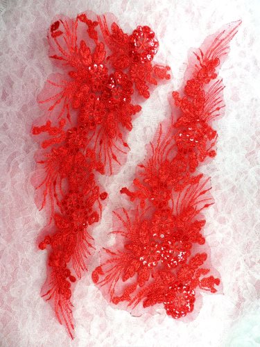 GB430 Embroidered Appliques Red Mirror Pair Floral Sequin Patch 13.75