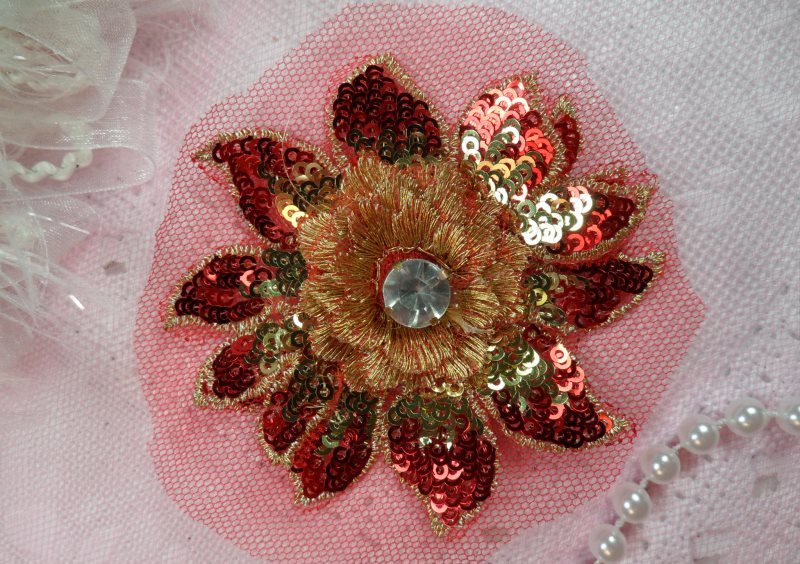 Sequin Applique Floral 3D Red Gold Crystal Rhinestone Center Embroidered Flower Patch 3 (GB438-rdgl)