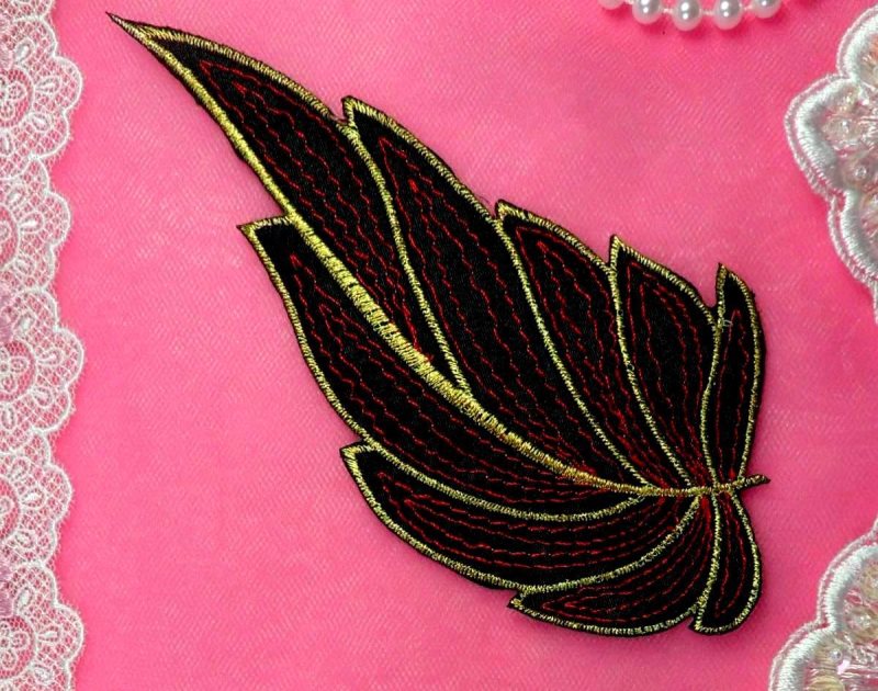 Leaf Applique Black Burgundy and Gold Metallic Embroidered Iron On 7 (GB442)