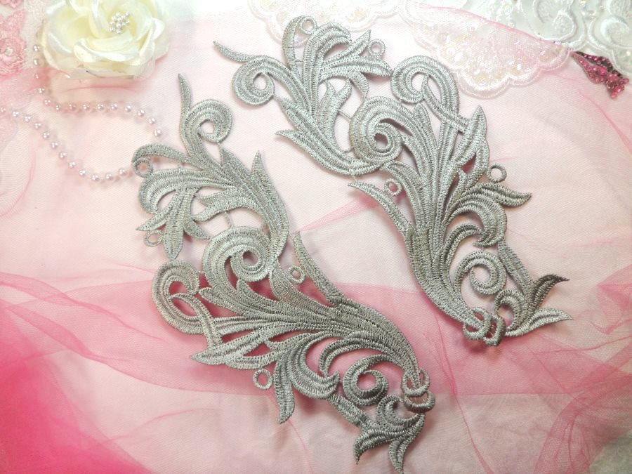 Embroidered Appliques Grey Scroll Design Mirror Pair motif Patch Trimming