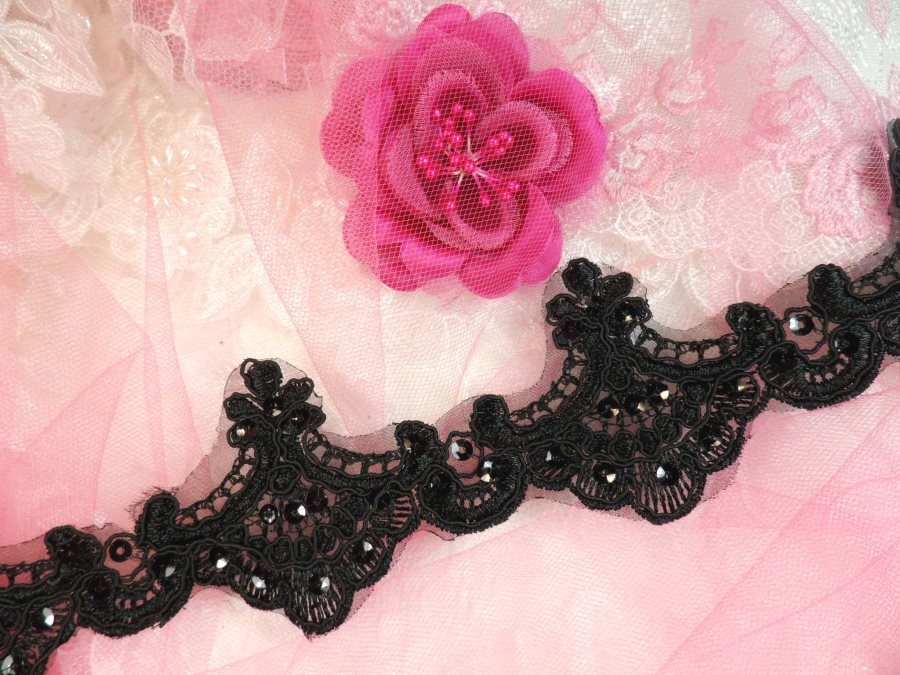 Black Trim Sequined Victorian Trimming Embroidered Lace for Sewing  2.75 (GB500)
