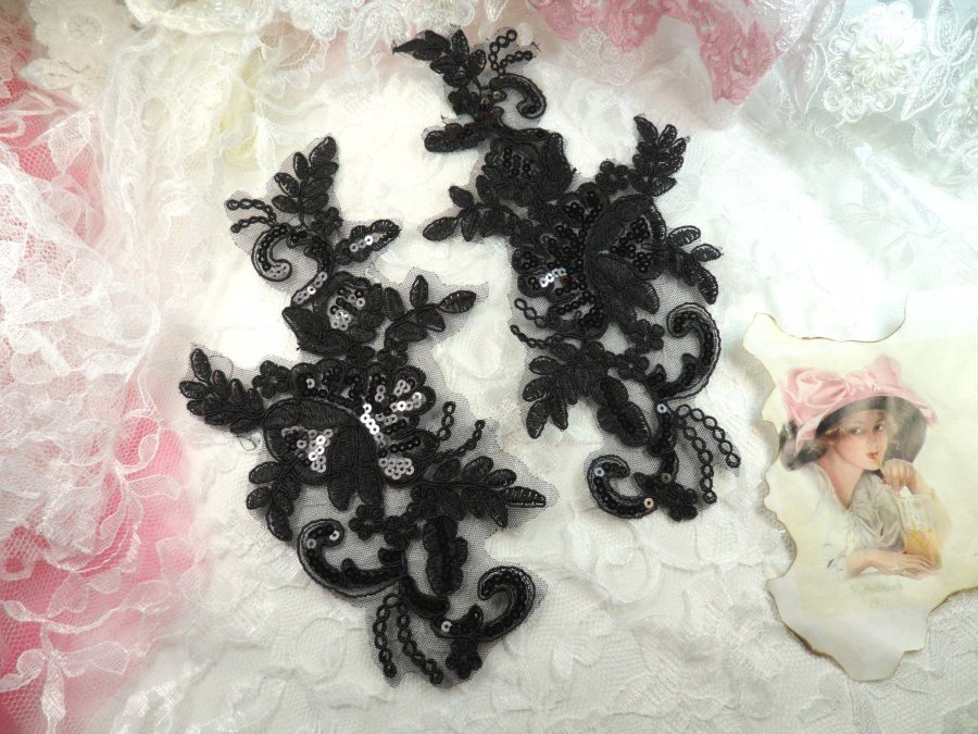Sequined Lace Embroidered Appliques Black Mirror Pair Floral Ballet Motifs 9.75 (BL158X)
