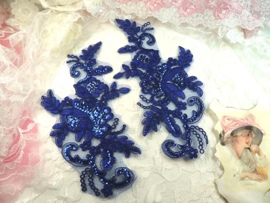 Sequined Lace Embroidered Appliques Blue Mirror Pair Floral Motifs 9.75 (BL158X)