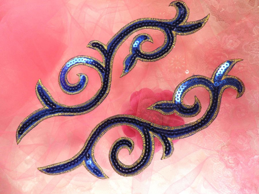 Sequin Appliques Blue Gold Designer Mirror Pair Iron on 9 (GB505X)