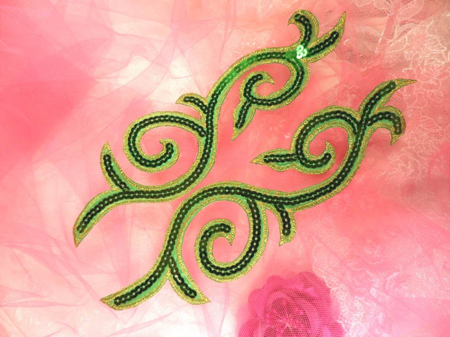 Sequin Appliques Green Gold Designer Mirror Pair Iron on 9 (GB505X)