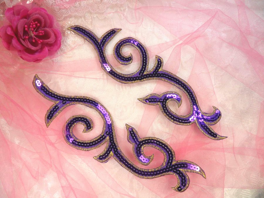 Sequin Appliques Puple Gold Designer Mirror Pair Iron on 9 (GB505X)