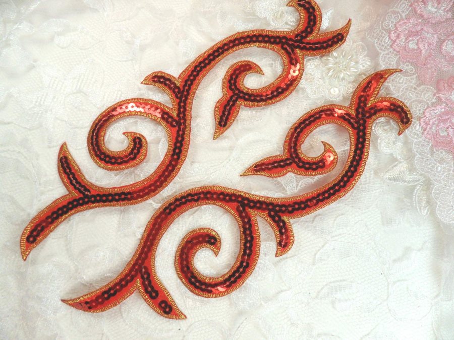 Sequin Appliques Red Gold Designer Mirror Pair Iron on 9 (GB505X)